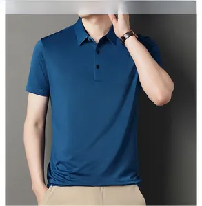 Close-up of haze blue short sleeve ice silk polo shirt with classic collar and buttons