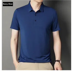 Detail of navy blue ice silk polo shirt showing the lapel collar and resin buttons