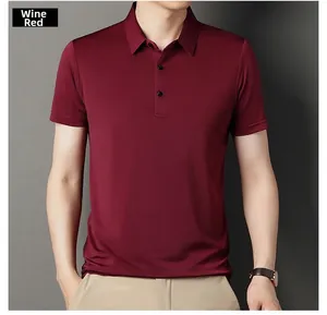 Detail of a wine red men's ice silk polo shirt with a three-button collar and smooth texture