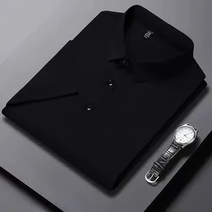 Men's solid black ice silk short sleeve polo shirt on a premium grey display stand