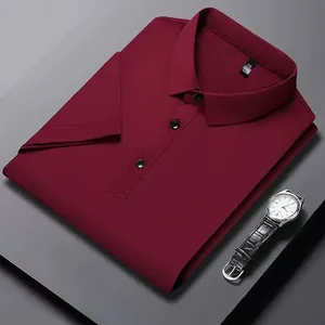 Men's wine red ice silk polo shirt with short sleeves and flat lay cooling fabric