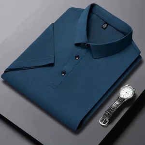 Navy blue men's ice silk short-sleeve Polo shirt with a classic lapel and smooth texture