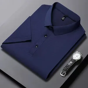Men's dark blue ice silk polo shirt with short sleeves and breathable cooling fabric
