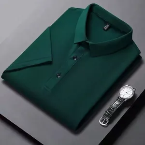 Detail of dark green ice silk polo shirt featuring buttons and a stylish wristwatch