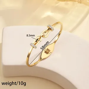 Detail of 18k gold plated titanium steel bangle with rhinestone buckle and 58mm inner diameter