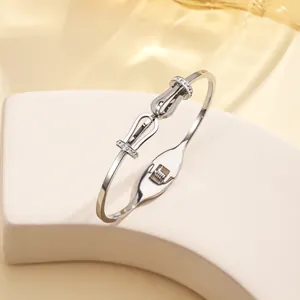 Macro detail of silver-tone horseshoe buckle bangle with micro-pave sparkling crystals