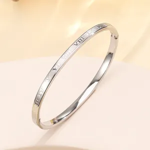 Detail of silver titanium steel bracelet with roman numeral engraving and side clasp
