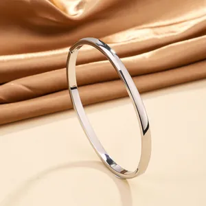 Polished silver titanium steel bangle with side hinge on premium gold satin fabric