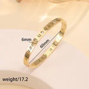 Detail showing 6mm gold plated stainless steel bangle with roman numerals and zircon inlay