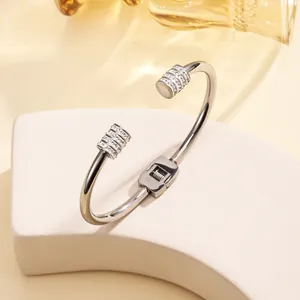 Macro shot of silver-tone steel bangle with shimmering crystal-studded ends on white stand