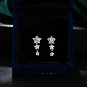 Korean Sparkling Zirconia Star Tassel Dangle Earrings Delicate Electroplated Triple Star Stud Earrings For Women Jewelry