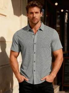 Detailed view of men's short sleeve shirt featuring grey textured jacquard fabric