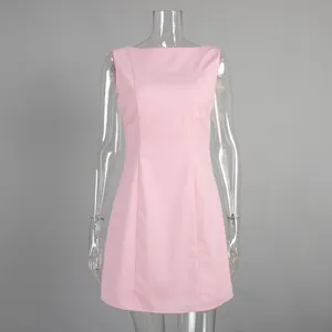 Detailed view of the sleek sleeveless A-line mini dress with a polished pink finish