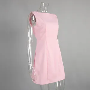 Ghost mannequin view of a light pink sleeveless A-line dress with a boat neck design