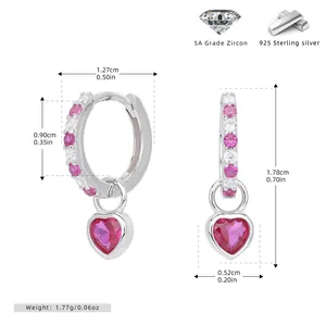 Detailed size specifications of 925 silver heart earrings with pink zircon stones