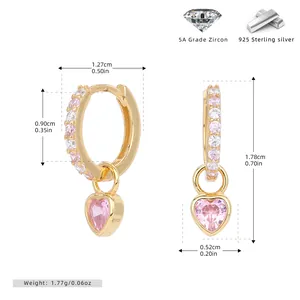 Detailed view of S925 silver gold heart earrings with pink zircon and dimensions
