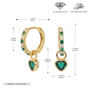 Detailed view of gold S925 silver heart earrings with green zircon and size measurements