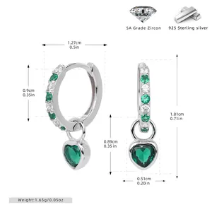 Detailed dimensions of S925 sterling silver heart earrings with green zircon accents