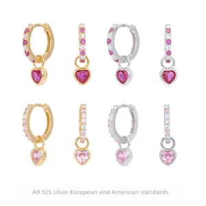 925 Sterling Silver Heart Drop Earrings For Women Zirconia Pave Hoop Earrings Pink Red Green Heart Jewelry Valentines Day Gift