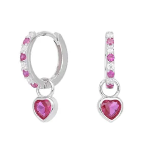 S925 sterling silver hoop earrings with heart-shaped pink zirconia drops and pave stones