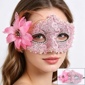 Detailed pink lace eye mask with floral accents and soft feathers for cosplay party