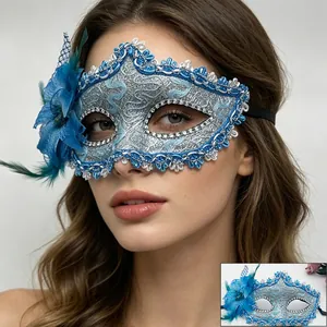 Silver sequin Masquerade mask with blue lace, feathers and rhinestones for Halloween