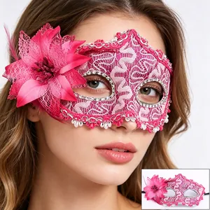 Detail of pink lace masquerade mask with floral accent, feathers and silver rhinestones