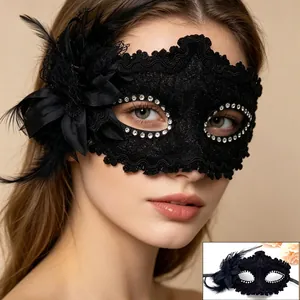 Elegant black lace masquerade mask with dark feathers and sparkling rhinestones for cosplay