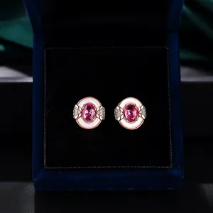 French Vintage Rose Gold Plated Copper Ear Studs Oval Pink Zirconia Mother Of Artificial Pearl Ring Inlaid Rhinestone Jewelry Women