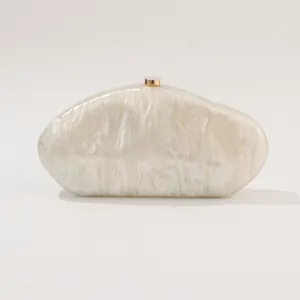 Acrylic Marble Texture Evening Clutch Bag Women Hard Shell Kidney Shape Handbag With Metal Chain Strap Vintage Style