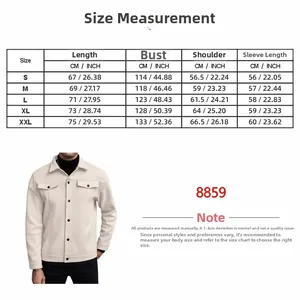 Detailed size chart for men's wool blend lapel jacket with measurements in cm and inches