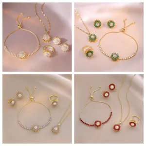 Sunflower Jewelry Women Titanium Steel Zircon Inlaid Rotatable Flower Necklace Ring Earrings Bracelet Elegant Fashion