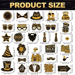 25-piece black and gold 2027 New Year photo booth props with detailed size chart