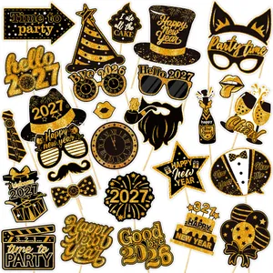 2027 New Year party photo booth props with black and gold glitter accessories
