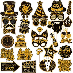 2027 New Year party photo props set with black and gold glitter festive decorations
