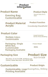 Detailed specifications of the acrylic evening bag with 19.5x11x5 cm dimensions