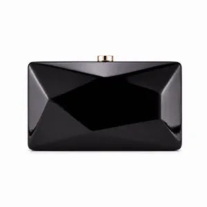 Elegant black geometric diamond evening clutch bag with gold metallic clasp on white background