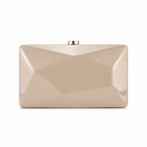 Elegant geometric nude PU clutch bag with golden metal buckle and glossy finish