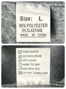 Detailed clothing label showing size L and 95% polyester 5% elastane fabric composition