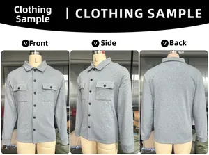 Front side and back views of grey long sleeve fleece jacket with chest pockets