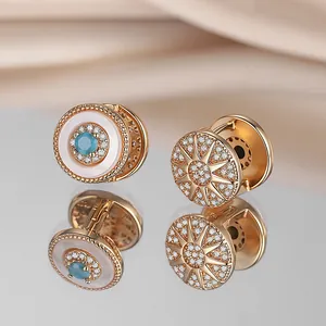 Vintage Round Stud Earrings Gold Plated Copper With Turquoise Mother Of Artificial Pearl Milgrain Edge Light Luxury Women Jewelry