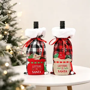 Christmas plaid wine bottle covers with white plush trim and Letters to Santa embroidery