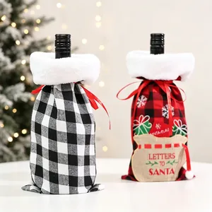 Christmas buffalo plaid wine bottle covers with plush trim and snowflake embroidery decoration