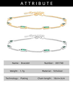 Detailed view of a 925 sterling silver chain featuring elegant emerald-green rectangular stones