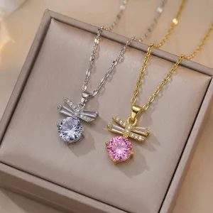 Bow Zircon Necklace And Earrings Elegant Gold Titanium Steel Butterfly Dragonfly Pendant Luxury Jewelry For Women