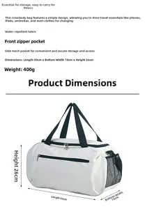 Borsa sportiva bianca da 50x18x26cm con tessuto idrorepellente e dettagli misure