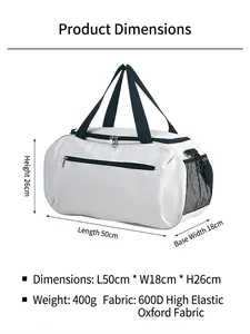 Borsone da fitness bianco 50x18x26cm, borsa sportiva in tessuto Oxford 600D con manici