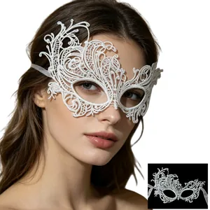 Elegant white lace phoenix mask with intricate embroidery for masquerade and parties