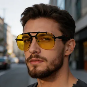 Steampunk rimless sunglasses with yellow lenses and tortoise temple detail on male model