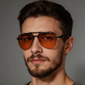 Detail of steampunk rimless sunglasses with orange lenses and matte black double bridge frame